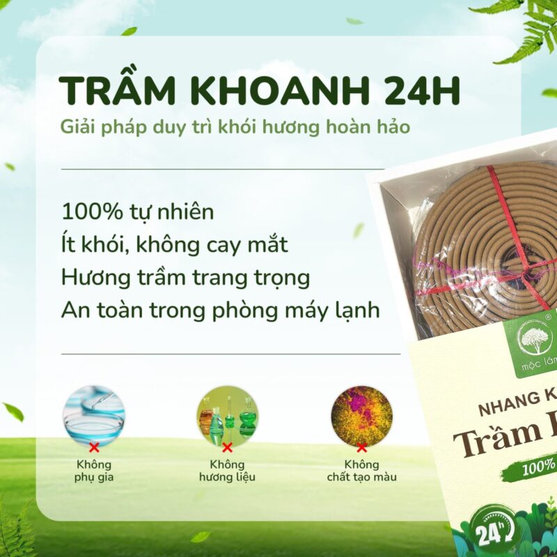 Nhang khoanh trầm Hương 24 giờ dòng cao cấp, ít khói chuyên dùng cho phòng máy lạnh từ nhang mộc lâm