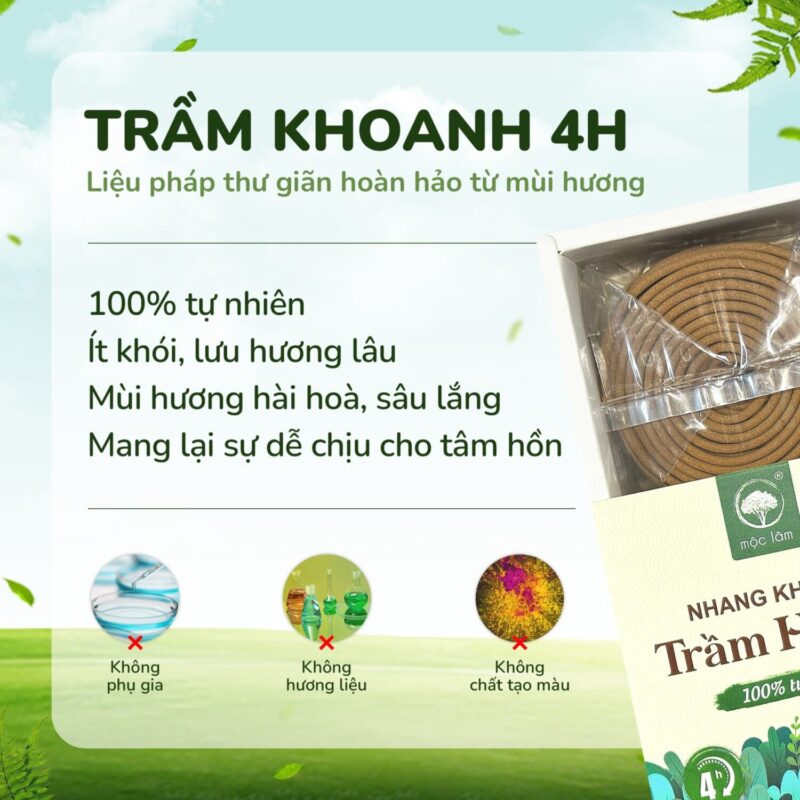 Nhang khoanh trầm Hương 4 giờ dòng cao cấp thư giãn, ít khói chuyên dùng cho phòng máy lạnh từ nhang mộc lâm