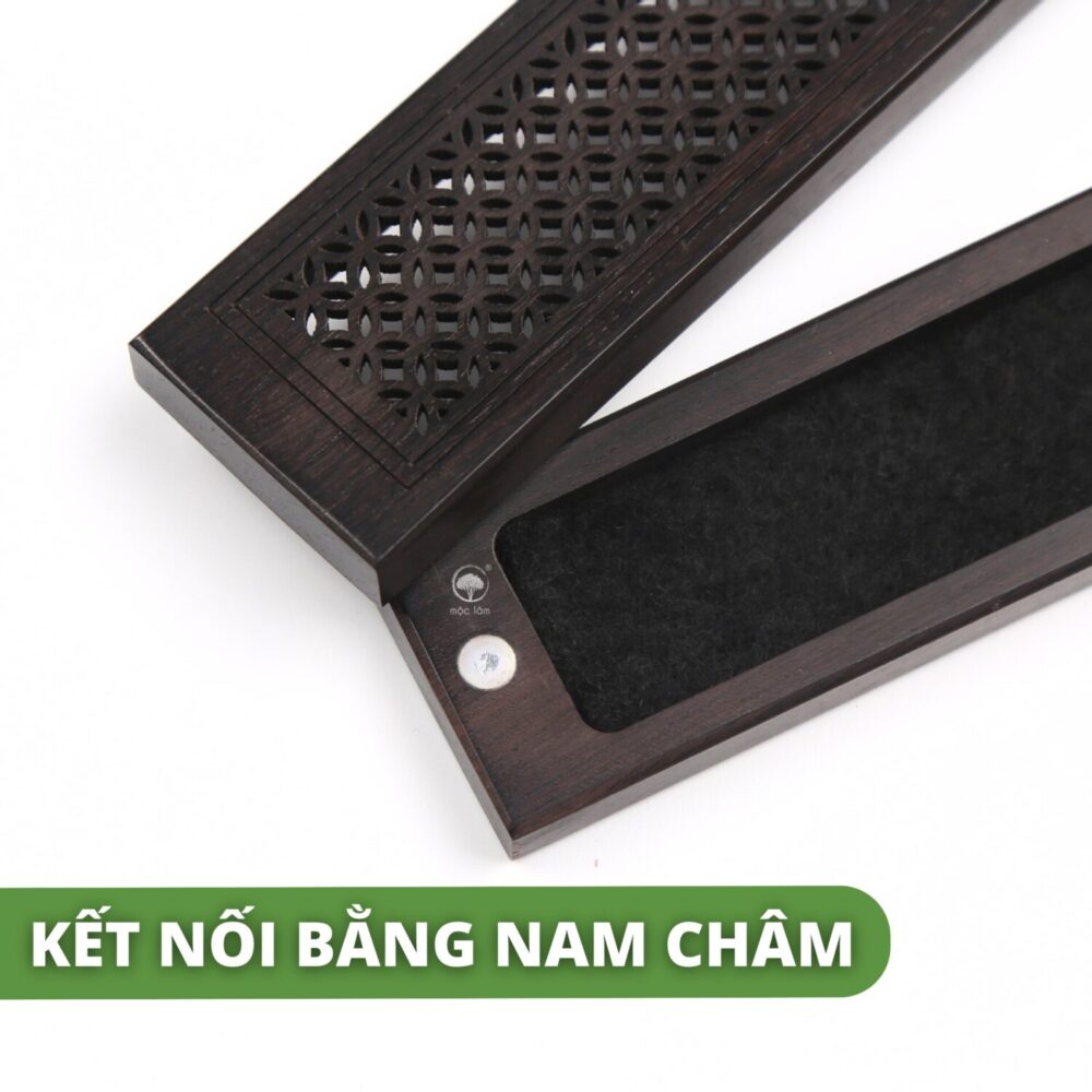 Hộp đốt Trầm không tăm gỗ mun nguyên khối cao cấp, họa tiết hoa mai khắc CNC chính xác