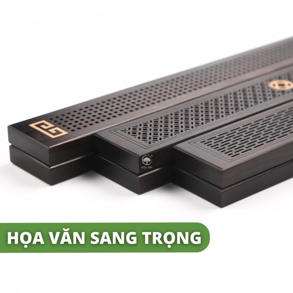 Hộp đốt Trầm không tăm gỗ mun nguyên khối cao cấp, họa tiết hoa mai khắc CNC chính xác