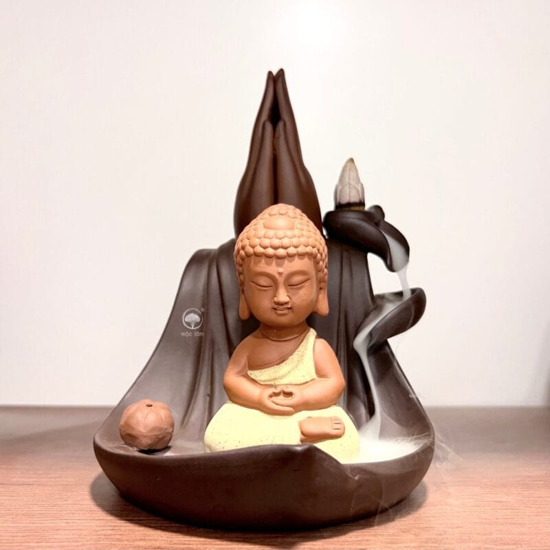 Thác khói đốt trầm hương tượng phật chế tác hoàn toàn thủ công từ gốm Tử Sa cao cấp
