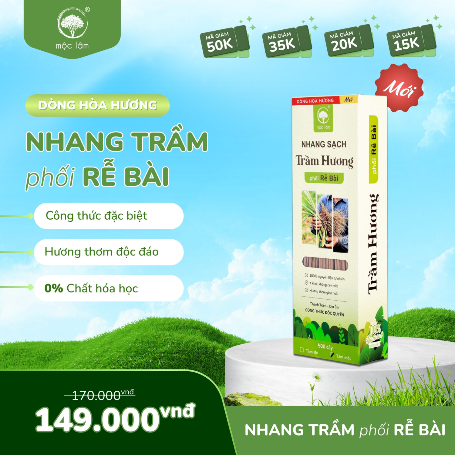 Nhang Sạch Hòa Hương – phối hợp giữa Trầm Hương thuần khiết và Rễ Bài ngọt dịu, tạo nên một mùi hương tinh tế, tròn đầy, vừa mới mẻ vừa gợi nhớ điều xưa cũ.