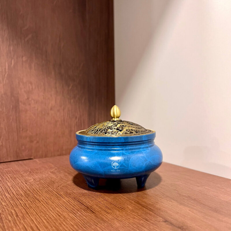Lư Đồng Xông Trầm Hương sác Xanh Thiên Thanh sang trọng, hiệu ứng vân mây độc bản, phù hợp decor, phong thủy và quà tặng cao cấp