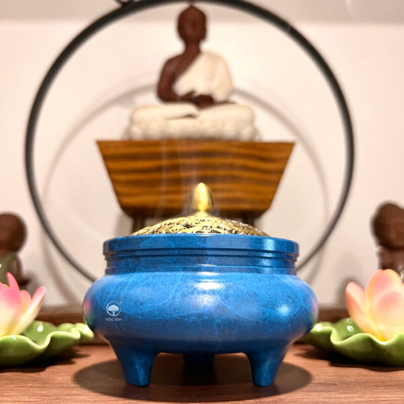 Lư Đồng Xông Trầm Hương sác Xanh Thiên Thanh sang trọng, hiệu ứng vân mây độc bản, phù hợp decor, phong thủy và quà tặng cao cấp