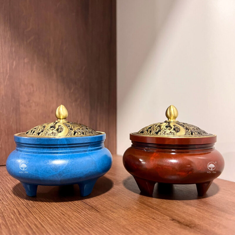 Lư Đồng Xông Trầm Hương sác Xanh Thiên Thanh sang trọng, hiệu ứng vân mây độc bản, phù hợp decor, phong thủy và quà tặng cao cấp
