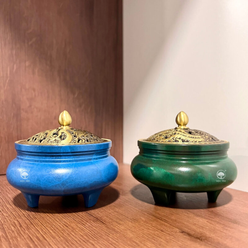 Lư Đồng Xông Trầm Hương sác Xanh Thiên Thanh sang trọng, hiệu ứng vân mây độc bản, phù hợp decor, phong thủy và quà tặng cao cấp
