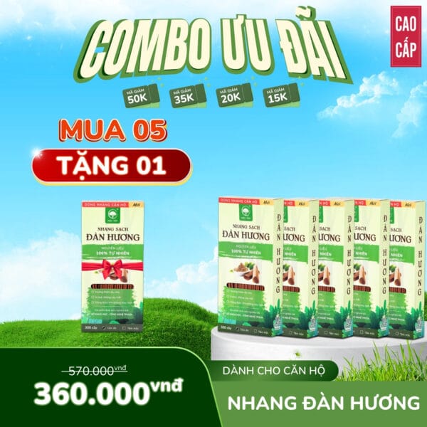 COMBO TIẾT KIỆM MUA 5 TẶNG 1 Nhang Đàn Hương 20cm chuyên dùng cho căn hộ - chung cư